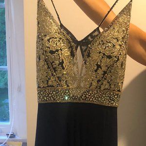 Gold beaded navy prom dress